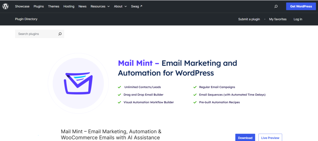 Screenshot from l WordPress.org listing for Mail Mint.