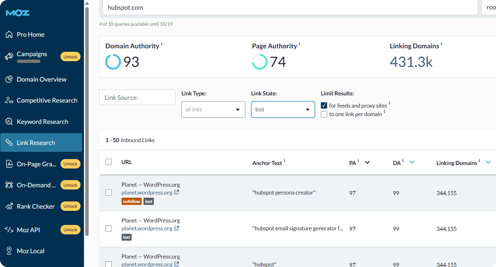 find broken backlinks with Moz Link Explorer
