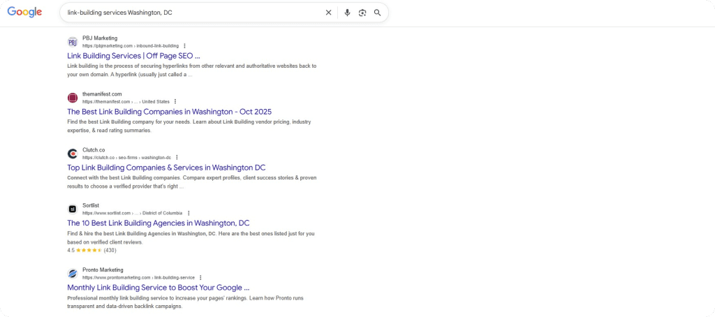 link building services in Washington Google search