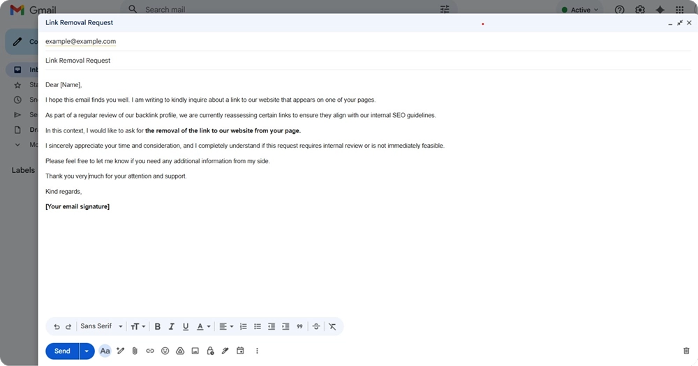 Screenshot of a link removal request email template