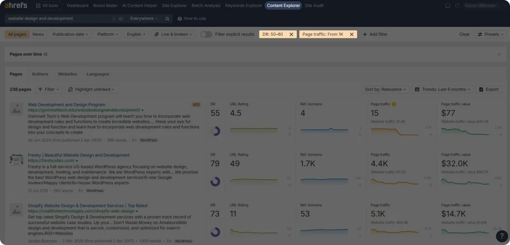 Screenshot of Ahrefs' Content Explorer section