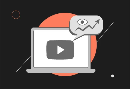 Colorful YouTube banner with play button, upward trending graph, and social media icons.