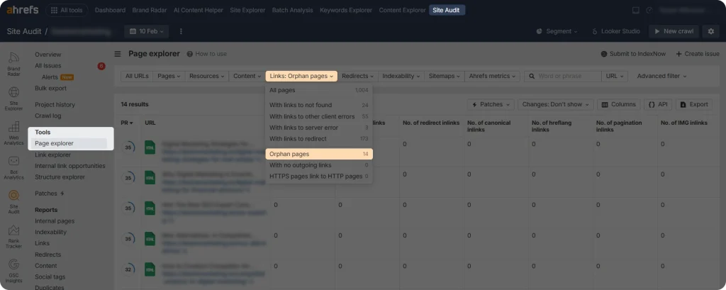 Screenshot showing how to find orphan pages on Ahrefs Site Audit