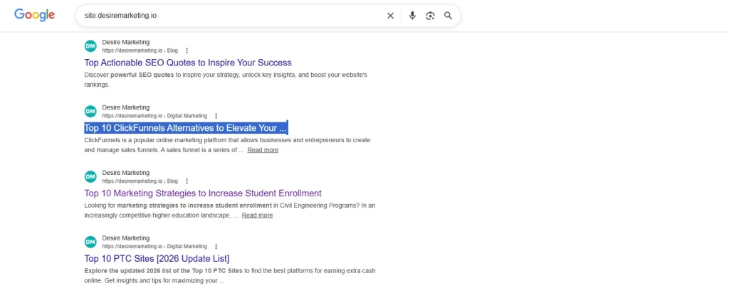 Screenshot of Google search results for Desiremarketing indexed pages